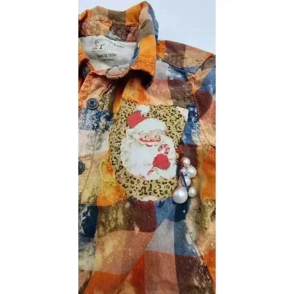 Genuine Kids Girl's Size 2T Orange & Navy Plaid Upcycled Santa Holiday Shirt